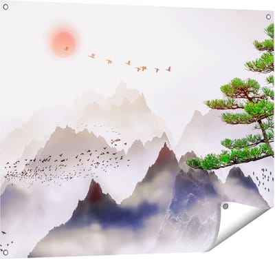 Gards Tuinposter Bergenlandschap met een Boom - Abstract - 100x80 cm - Tuindoek - Tuindecoratie - Wanddecoratie buiten - Tuinschilderij
