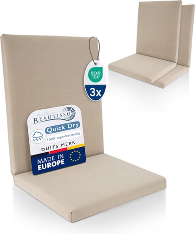 Beautissu QD-NL – Set van 3 Premium Tuinstoelkussens Lage Rug 105x48 cm – 100% Waterdicht – Weerbestendig – Sneldrogend – UV-bestendig – Natuur