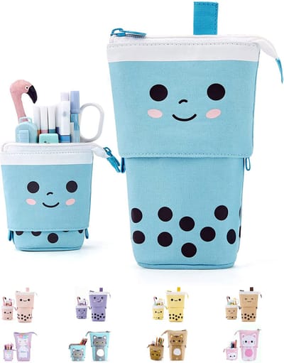 LIXIN Staande Etui - Blauw - Pennenzak voor jongens en meisjes - Canvas - Linnen - School etui - Staande etui voor kinderen en volwassenen - School - Terug naar school - Back to school - Leuke telescopishe pennenhouder - Leuk etui - Gift - Cadeau