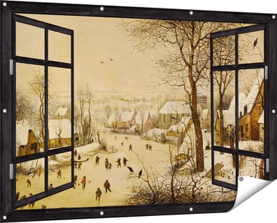 Gards Tuinposter Doorkijk Winterlandschap met Schaatsers en Vogelknip - Pieter Bruegel de Oude - 150x100 cm - Tuindoek - Tuindecoratie - Wanddecoratie buiten - Tuinschilderij