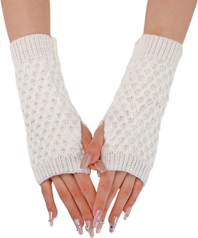 Gigicial Vingerloze handschoenen - Winterhandschoenen voor dames - Vingerloos ontwerp met duimgat en manchetten van imitatiebont voor eenvoudig gebruik van smartphones en warmte - 2 stuks - Universeel wit
