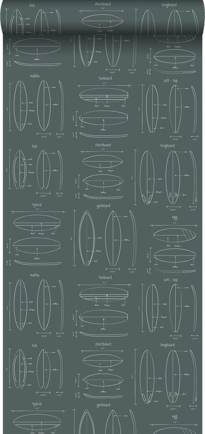 ESTAhome behang technische tekeningen van surfplanken vergrijsd groen - 53 cm x 10.05 m - 128870