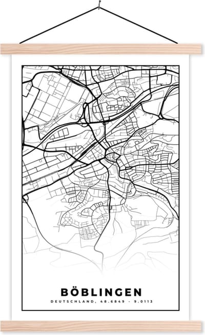 Posterhanger incl. Poster 40x60 cm - Schoolplaat - Stadskaart - Böblingen - Kaart - Plattegrond - Textielposter - Blanke latten - Stadskaart