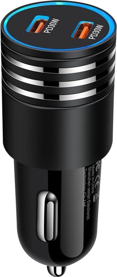DrPhone Invisible5 USB C + USB C Autolader 60W(30W+30W) 2-poorts PD 3.0 Opladen – Sigarettenaansteker adapter – 12/24V – Universeel – Geschikt voor Auto/Vrachtwagen - Zwart