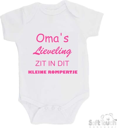 100% katoenen Romper "Oma's lieveling zit in dit kleine rompertje" Meisjes Katoen Wit/roze Maat 56/62