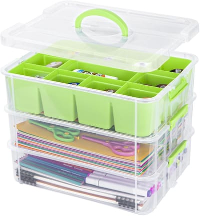 Dailygoods- Opbergdozen 3-laags - Stapelbaar - Draagbaar - Met deksel - Verwijderbare lade - 11 compartimenten voor organisatie - Opbergcontainer