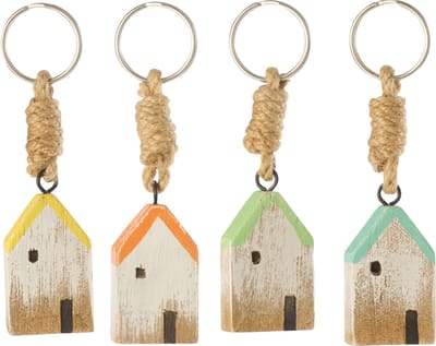 J-Line sleutelhanger Huis Deur - hout - mix - 4 stuks