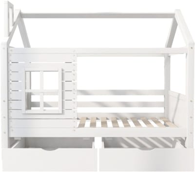 Gotagee Huisbed kinderbed jeugdbed 90x200 cm met valbeveiliging raam en lattenbodem, wit