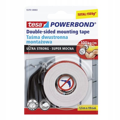 Tesa POWERBOND Serie - Ultra Sterke Dubbelzijdige Taperol - 1,5m x 19mm - Binnen en Buiten Gebruik - 100kg/m Draagvermogen