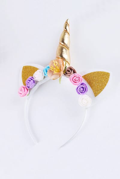 KIMU® Eenhoorn Haarband Goud - Unicorn Diadeem Met Oortjes En Bloemetjes - Gouden Hoorn Bloemen Wit Roze Blauw Paars Bruin Festival