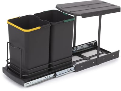 Emuca Recycle afvalbak voor bodembevestiging en handmatig/automatisch uitschuifbaar in keukenblok Recycle 2x12 liter, Plastic Antracietgrijs