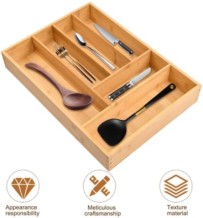 Dailygoods- Besteklade Organizer - Houten Bestekbak - Uitschuifbaar - 6 Compartimenten - 43x30x6 cm - Duurzaam Bamboe Materiaal - Bestekorganizer