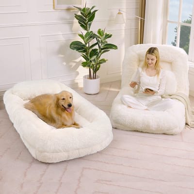 REDOM – XXL Vloersofa & Menselijke Hondenmand – Verstelbaar Teddy Vloerkussen (5 standen) – Fluffy loungestoel – Antislip – Beige - 102 x 89 x 88 cm