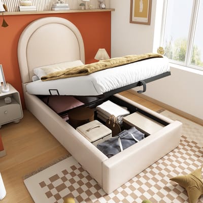 Kinderbed, Eenpersoonsbed Met Cosmisch Patroon, 90 x 200 cm, Beige, PU Voor Jongens & Meisjes (Zonder Matras)