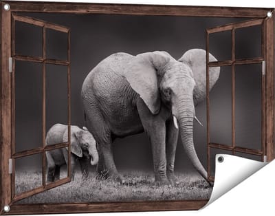 Gards Tuinposter Doorkijk Olifant Moeder en Zoon - Zwart Wit - 90x60 cm - Tuindoek - Tuindecoratie - Wanddecoratie buiten - Tuinschilderij