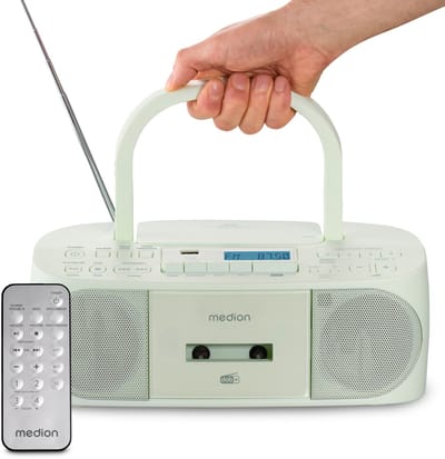 MEDION DRX-1 Plus Boombox (draagbare DAB+ & FM-radio, Bluetooth, cd-speler, MP3, cassette, hoofdtelefoonaansluiting, stereo, AUX, netstroom & batterijen) groen