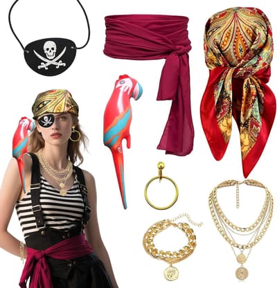 7-delige Kostuumaccessoireset voor Vrouwen, Middeleeuwse Piratenaccessoires, Hoofddoek, Piratenriem, Oorbellen, Ooglapje, Kettingarmband en Opblaasbare Papegaai