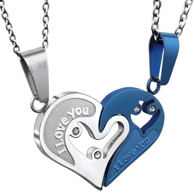 Hartjes Ketting Set voor Hem en Haar - I Love You - Zilver / Blauw kleurig - Romantisch Liefdes Cadeau - Relatie Cadeau - Koppel Cadeau - Mannen Cadeautjes - Vaderdag Cadeau Geschenk