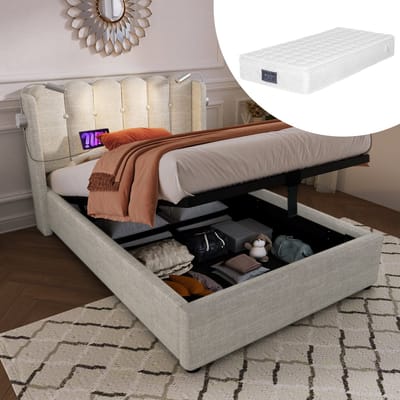 Wishdor – Eenpersoonsbed 90x200 cm – Leeslamp & USB – Hydraulische Opbergruimte – Matras inbegrepen – Linnen Beige