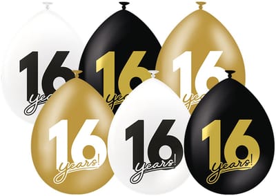 Ballonnen | 16 jaar | Collectie: Celebration! | Zwart, Goud & Wit | 6 stuks