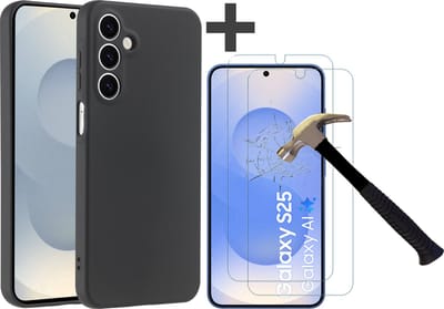 Hoesje geschikt voor Samsung Galaxy S25 hoesje zacht siliconen met 2 Stuks gehard glas Screenprotectors- Arara backcover - Zwart