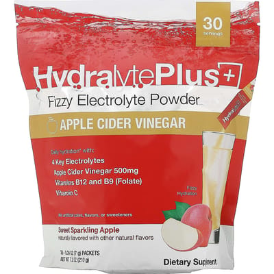 Hydralyte, Hydralyte Plus+, Poudre Mousse Électrolytique, Saveur Vinaigre de Cidre de Pomme, 30 Sachets, 0,24 oz (7 grammes) Chaque