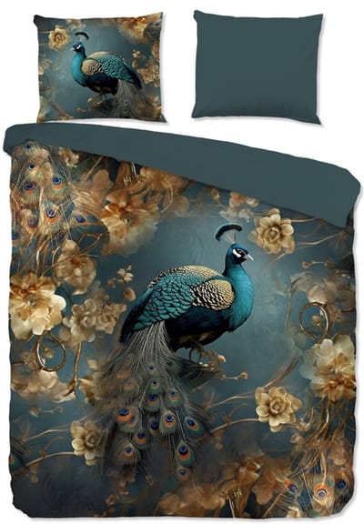 Pure dekbedovertrek pauw met gouden bloemen - 1 persoons 140x200/220 cm - Petrol - Microvezel
