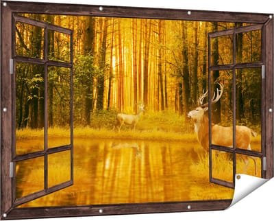 Gards Tuinposter Doorkijk Twee Herten in het Bos bij het Water - 150x100 cm - Tuindoek - Tuindecoratie - Wanddecoratie buiten - Tuinschilderij