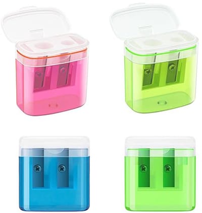 schaar - puntenslijper - Puntenslijpers - Puntenslijpers 4-pack - 4 handmatige puntenslijpers in kleur met houder - Puntenslijpers met dubbele gaten voor kinderen met deksel - Compacte puntenslijpers voor school, thuis en kantoor
