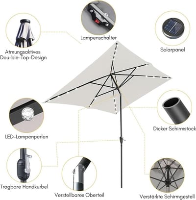 Parasol- Gartenschirm 300 cm LED Solar Sonnenschirm Neigbar 35° Terrassenschirm mit Kurbel, 96 LED Lichter, UV-Schutz, Wasserabweisend, Marktschirm für Garten, Balkon & Terrasse – Afmetingen op aan...