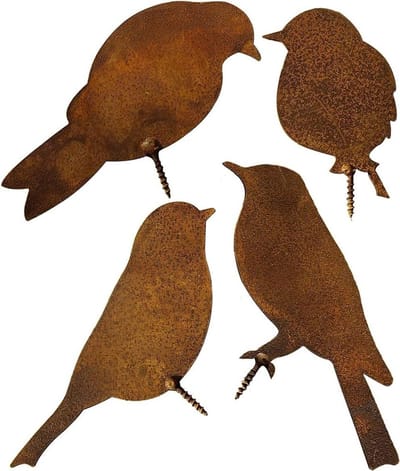 LISM-Roestig metalen tuinornament in de vorm van een vogel, geschikt voor buiten, herfst en tuindecoratie; roestige metalen tuinpaal in de vorm van een vogel met schroeven.