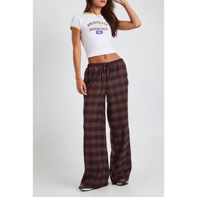 boohoo Dames Lang geruite broek met trekkoord-taille en wijde pijpen | Chocolate | Maat: 6
