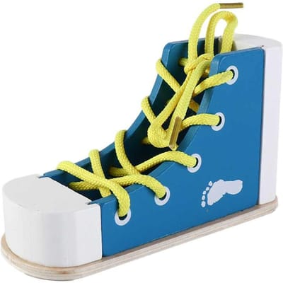Veterschoen Houten Veterschoen Veterschoenen Schoenen Knippen Schoenen Knoopspel Montessori Knoop-Op Schoen Puzzel Puzzelspel Hout blauw