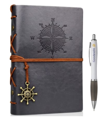 Goodz4All Vintage Lederen Notitieboek met Pen - Schetsboek Notebook - Travel Journal Refill Grijs-Reis Dagboek Retro met Blanco Papier Navulbaar A5
