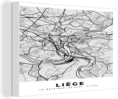 Canvas Schilderij Kaart – Plattegrond – Stadskaart – Liège – België – Zwart Wit - 30x20 cm - Wanddecoratie