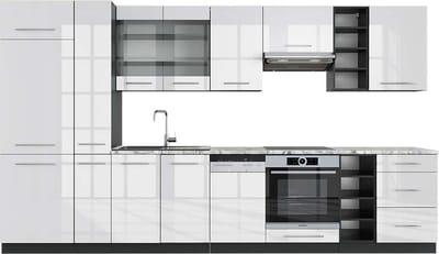 Vicco Fame-Line Complete keukeneenheid – 355 cm, WB Marmer Wit hoogglans/antraciet