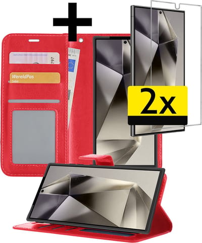 Hoesje - Met 2x Screenprotector - Geschikt voor Samsung Galaxy S24 Ultra - Luxe Pasjeshouder - Bookcase Portemonee - Flip Case - Kunstleer Book Case - Flipcase Hoes - Book Cover - Walletcase - Portemonneehoes - Telefoonhoesjes - Rood