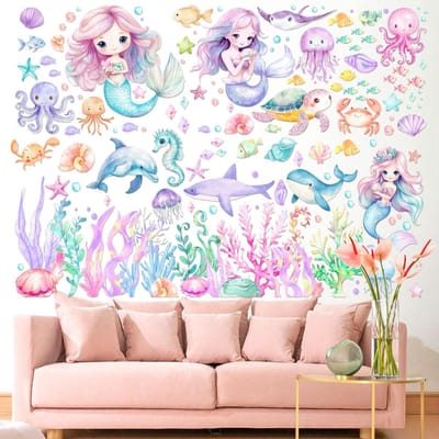 Dailygoods- Muurstickers Zeemeermin - Wanddecoratie Onderwater - 2 Vellen 90 x 30 cm - Oceaan Thema - Betoverende Decoratie - Magische Zeewezen