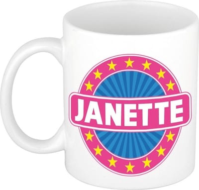 Bellatio Decorations - Janette voornaam - koffiemok - beker - wit/roze - 300 ml - Cadeau - Dames - Collega - Moederdag - Verjaardag