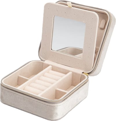 YO&NO - Sieradendoos - Box - Wit - Goudkleurige rits - 12 vakken - Spiegel - 115mm bij 50mm - Suède glans