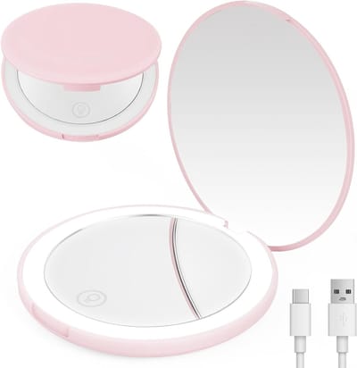 Vergrotende Spiegel 1X/10X met Licht - Dimbare Make-up Spiegel, Handspiegel voor Reizen, Oplaadbare Compacte Pocket Spiegel voor Make-up en Pincet Verwijdering