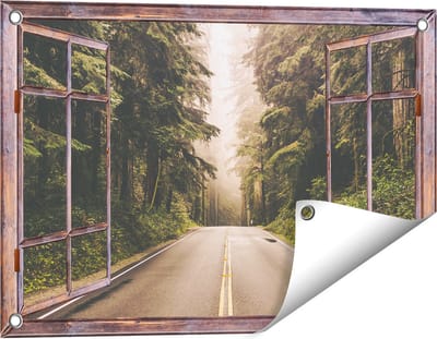 Gards Tuinposter Doorkijk Highway in Californië Omring met Bos - 60x40 cm - Tuindoek - Tuindecoratie - Wanddecoratie buiten - Tuinschilderij