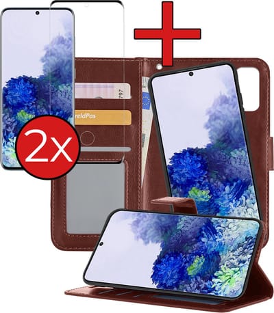 Hoesje - 2 in 1 - Geschikt voor Samsung Galaxy S20 - Met 2x Screenprotector - En Uitneembare Hard Cover - Kunstleer - Bookcase - Wallet Case - Met Pasjeshouder - Book Case - Uitneembaar - Pashouder - Kunstleer - Telefoonhoes - Bruin