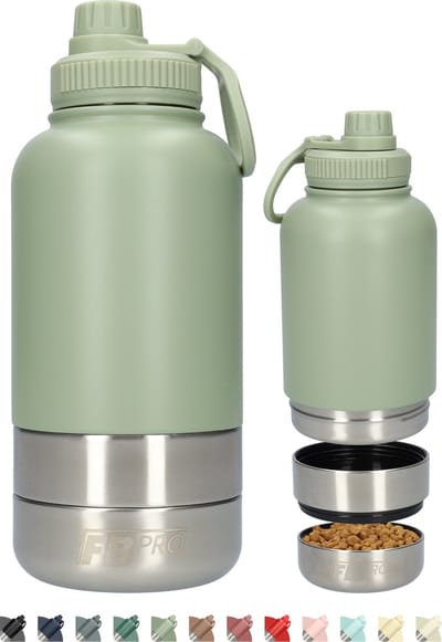 Honden drinkfles met voerbakken - Waterfles hond - Dubbelwandig - Thermosfles - Hondendrinkbak - Multifunctioneel - Hondenvoerbak - RVS Fles - Lekbestendige dop - BPA vrij - 1 Liter - Met handvat - Perfect voor onderweg - Licht Groen
