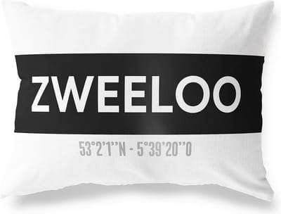 Tuinkussen ZWEELOO - DRENTHE met coördinaten - Buitenkussen - Bootkussen - Weerbestendig - Jouw Plaats - Studio216 - Modern - Zwart-Wit - 50x30cm