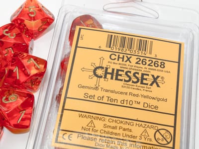 Chessex Gemini Doorschijnend Rood-Geel-Goud Dobbelsteen Set (10 stuks)