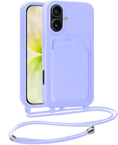 Hoesje Geschikt voor iPhone 17 Telefoonhoesje Met Koord Case Pashouder Siliconen - Hoes Geschikt voor iPhone 17 Hoesje Met Kaarthouder - Lila
