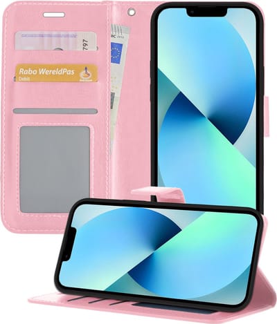 Hoesje - Geschikt voor Apple iPhone 14 - Luxe Bookcase - Walletcase Hoes - Portemonnee - Cover - Telefoonhoes - Lichtroze
