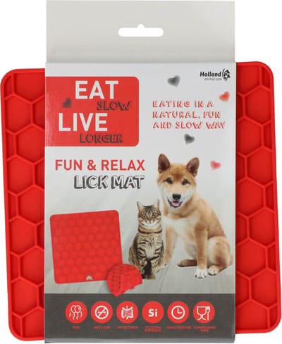 Eat Slow Live Longer Honingraat Likmat 23 x 19 cm – Likmat honden en katten – Anti schrok – Slowfeeder – 100% Siliconen - Likplaat voor huisdieren - Vaatwasserbestendig – Voerpuzzel Kat - Rood