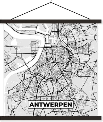 Posterhanger incl. Poster 60x60 cm - Schoolplaat - België – Antwerpen – Stadskaart – Kaart – Zwart Wit – Plattegrond - Textielposter - Zwarte latten - Stadskaart